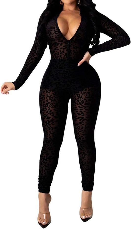 Women One Piece Outfits Mesh Sheer Bodycon Jumpsuit Long Sleeve See through Party Jumpsuits