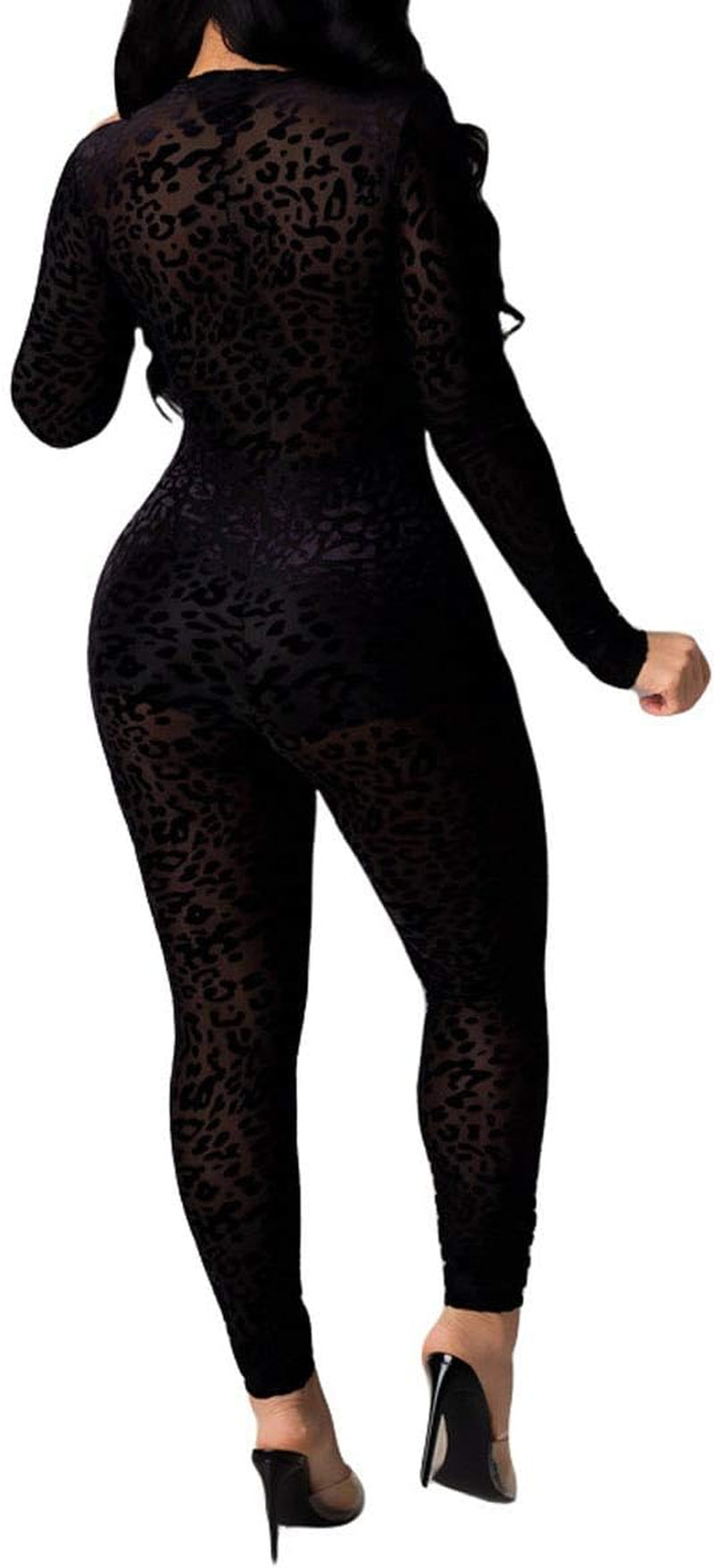 Women One Piece Outfits Mesh Sheer Bodycon Jumpsuit Long Sleeve See through Party Jumpsuits