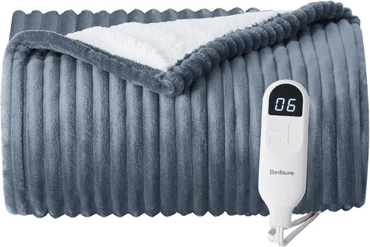 Heated Blanket Electric Throw - Soft Ribbed Fleece, Fast Heating Electric Blanket with 6 Heating Levels & 4 Time Settings, 3 Hours Auto-Off (50×60 Inches, Charcoal Grey)