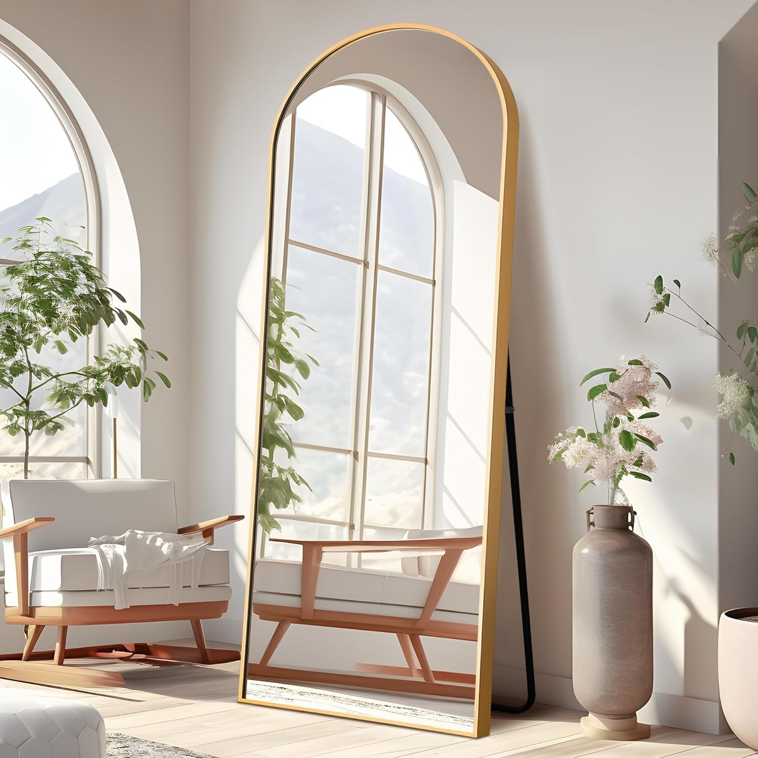 Arched Full Length Mirror Standing Hanging or Leaning against Wall, Oversized Large Bedroom Mirror Floor Mirror Dressing Mirror, Aluminum Alloy Thin Frame, Gold, 65"X22"