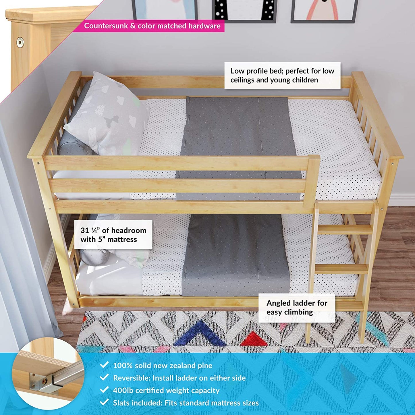 Twin over Twin Low Bunk Bed with Ladder, Wooden Bunk Beds with 14” Safety Guardrail for Kids,Toddlers, Boys, Girls, Teens, Bedroom Furniture, Natural