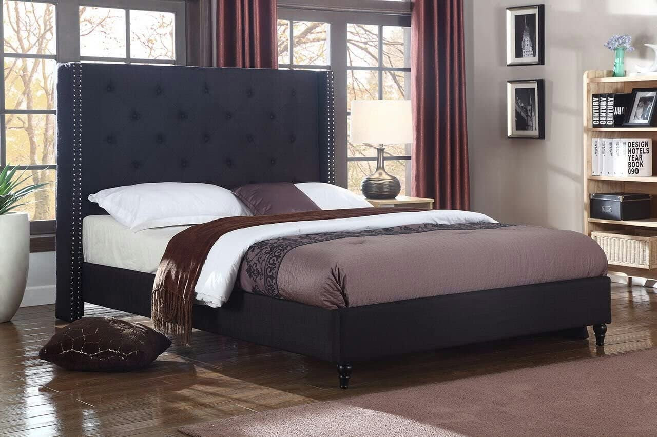 Linen Upholstered Platform Bed - Cloth Platform Bed with 51” Tall Headboard - Durable Wooden Slat Design - Easy to Assemble - Mattress Support - No Box Spring Needed - Full Size, Black