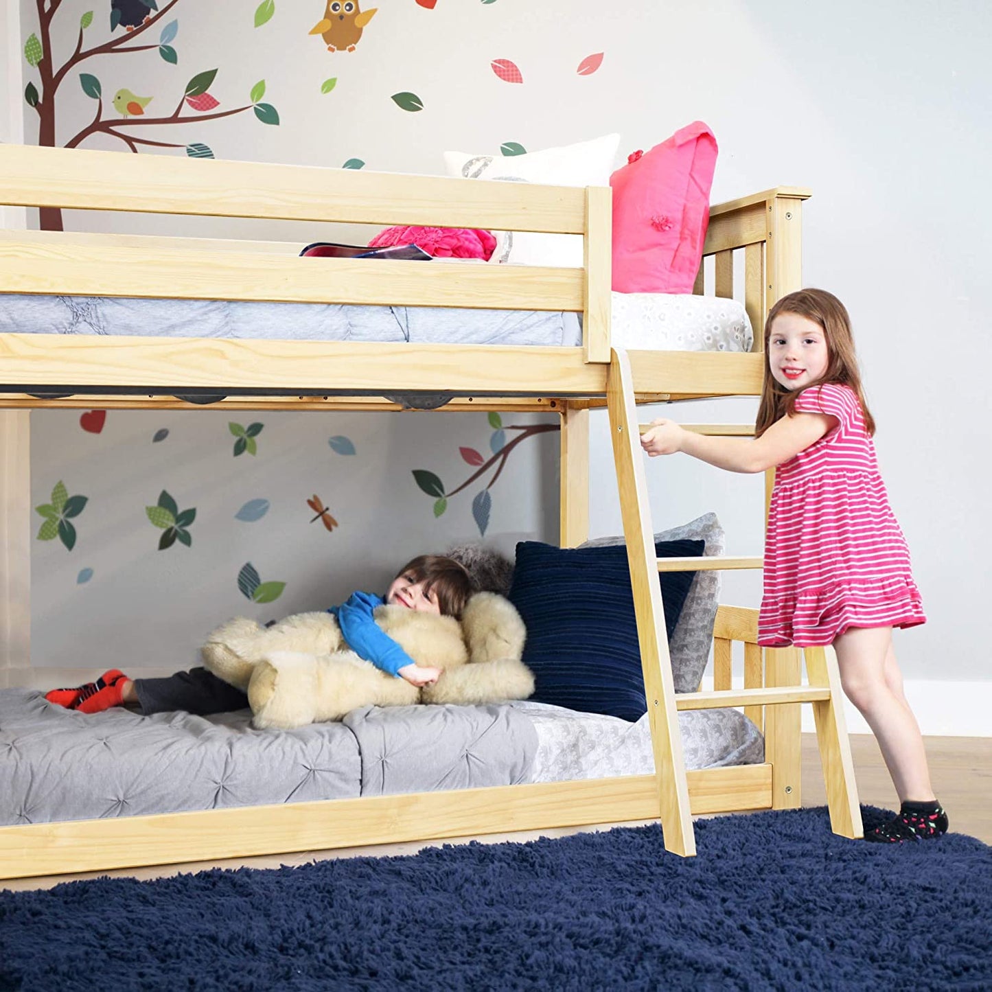 Twin over Twin Low Bunk Bed with Ladder, Wooden Bunk Beds with 14” Safety Guardrail for Kids,Toddlers, Boys, Girls, Teens, Bedroom Furniture, Natural