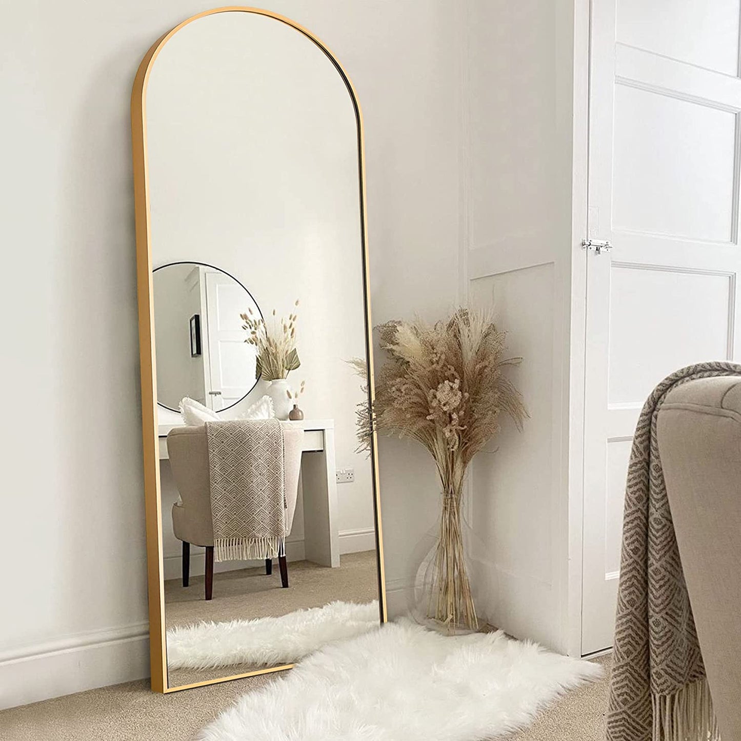 Arched Full Length Mirror Standing Hanging or Leaning against Wall, Oversized Large Bedroom Mirror Floor Mirror Dressing Mirror, Aluminum Alloy Thin Frame, Gold, 65"X22"